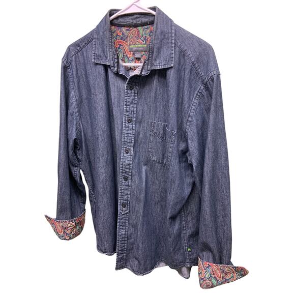 John Bartlett Consensus Blue Denim Elbow Patch Shirt Paisley Print Inner Size L - Picture 2 of 8